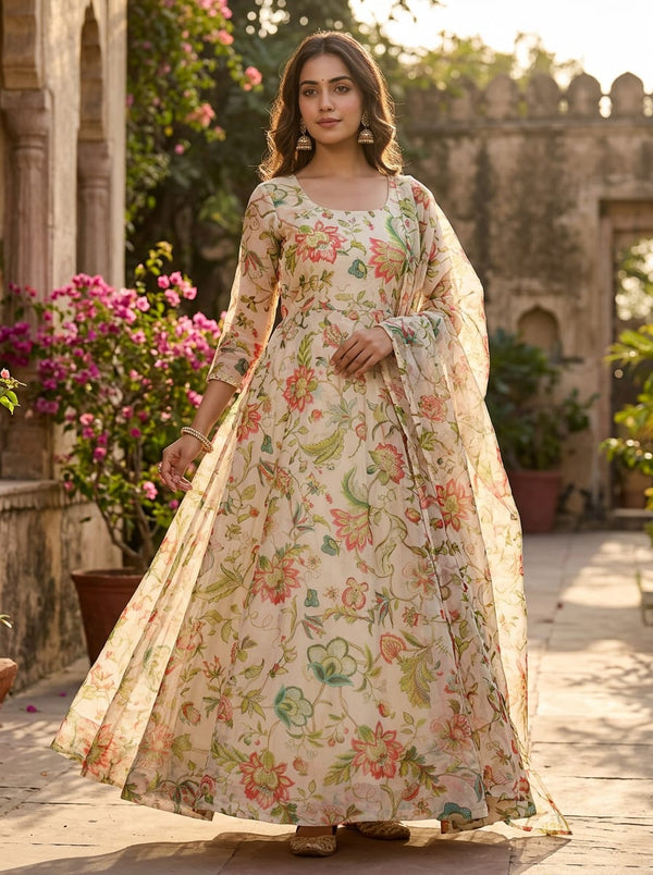 Multicolor Ethnic Floral Vine Organza Digital Printed Fabric - Anarkali Kurta Set Lookbook - OR-0-TA0587-110 - alternate view