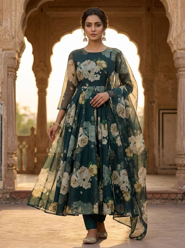 Green Vintage Floral Bloom Organza Digital Printed Fabric - Anarkali Kurta Set Lookbook - OR-0-TA0620-110 - alternate view