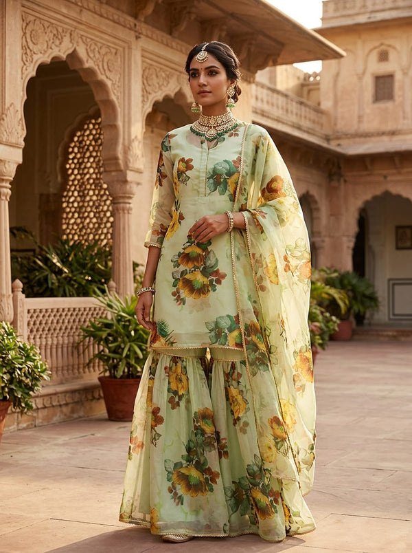 Green Watercolour Floral Garden Organza Digital Printed Fabric - Gharara Set Lookbook - OR-0-TA06817-110 - alternate view