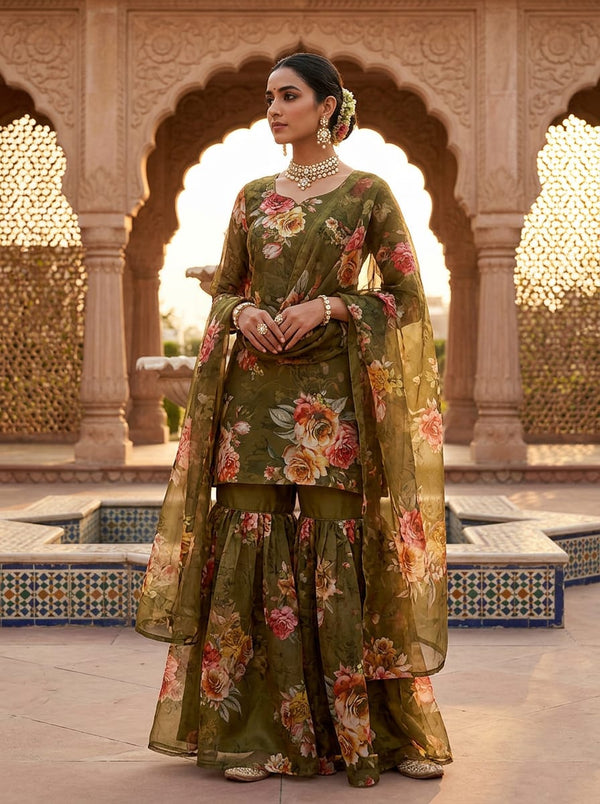 Olive Green Vintage Rose Floral Organza Digital Printed Fabric - Gharara Set Lookbook - OR-0-TA07071-110 - alternate view