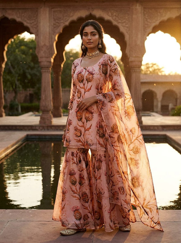 Pink Watercolor Thistle Botanical Organza Digital Printed Fabric - Gharara Set Lookbook - OR-0-TA0750-110 - alternate view
