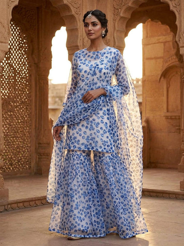 Blue Scattered Blueberry Print Organza Digital Printed Fabric - Gharara Set Lookbook - OR-0-TA07630-110 - alternate view