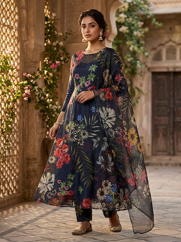 Navy Midnight Garden Floral Organza Digital Printed Fabric - Anarkali Kurta Set Lookbook - OR-0-TA0772-110 - alternate view
