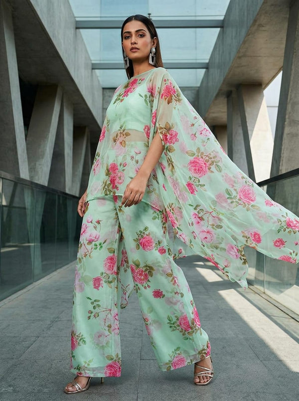 Green Vintage Rose Floral Organza Digital Printed Fabric - Cape with Palazzo Lookbook - OR-0-TA07757-110 - alternate view