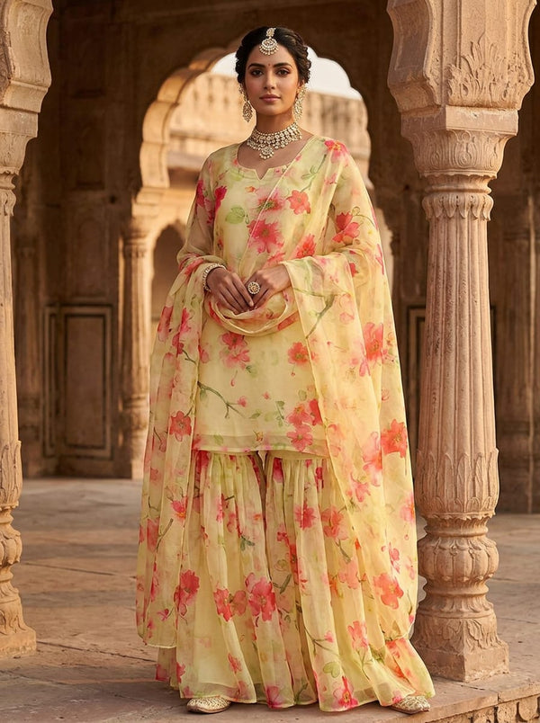Yellow Watercolor Floral Bloom Organza Digital Printed Fabric - Gharara Set Lookbook - OR-0-TA08279-110 - alternate view