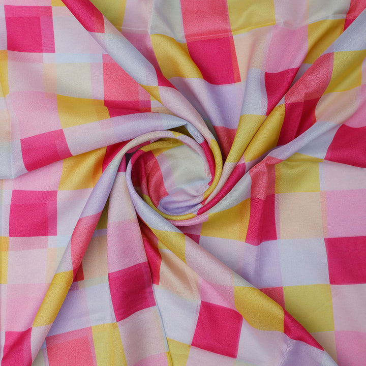 Gorgeous digital printed organza fabric with a checkered design in yellow, purple and pink