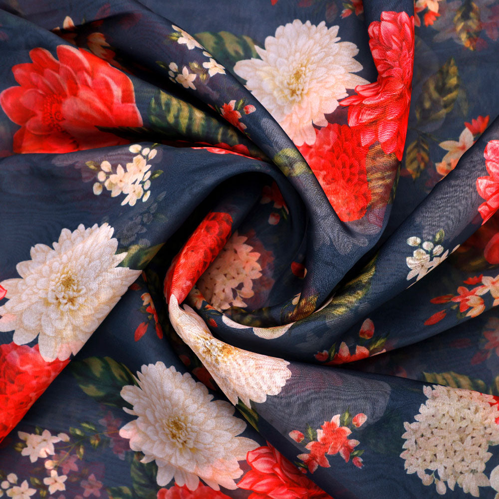 Beautiful Dahlia Red And Gray Flower Digital Printed Fabric - Organza