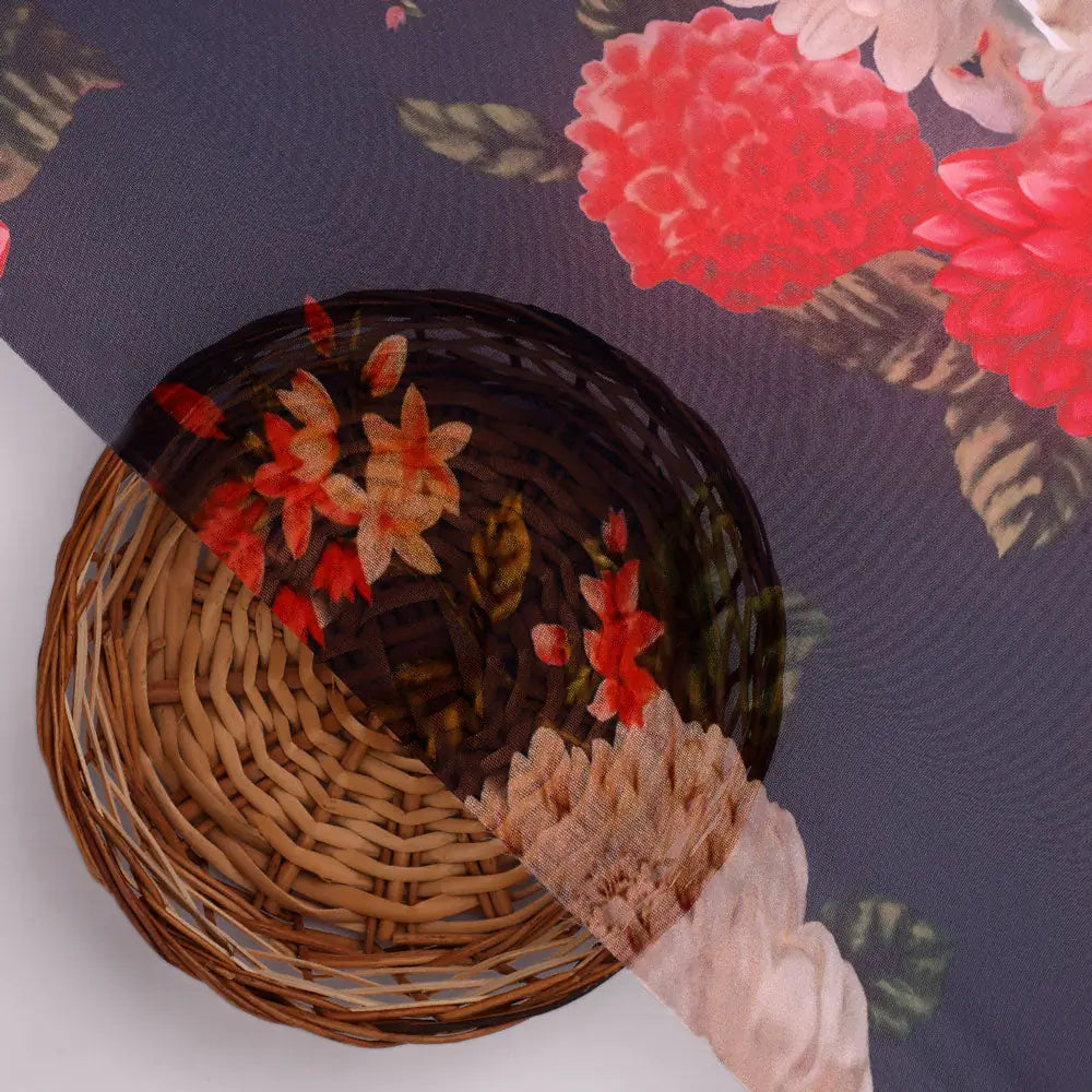 Beautiful Dahlia Red And Gray Flower Digital Printed Fabric - Organza – or 0 ta09436p7 110 b