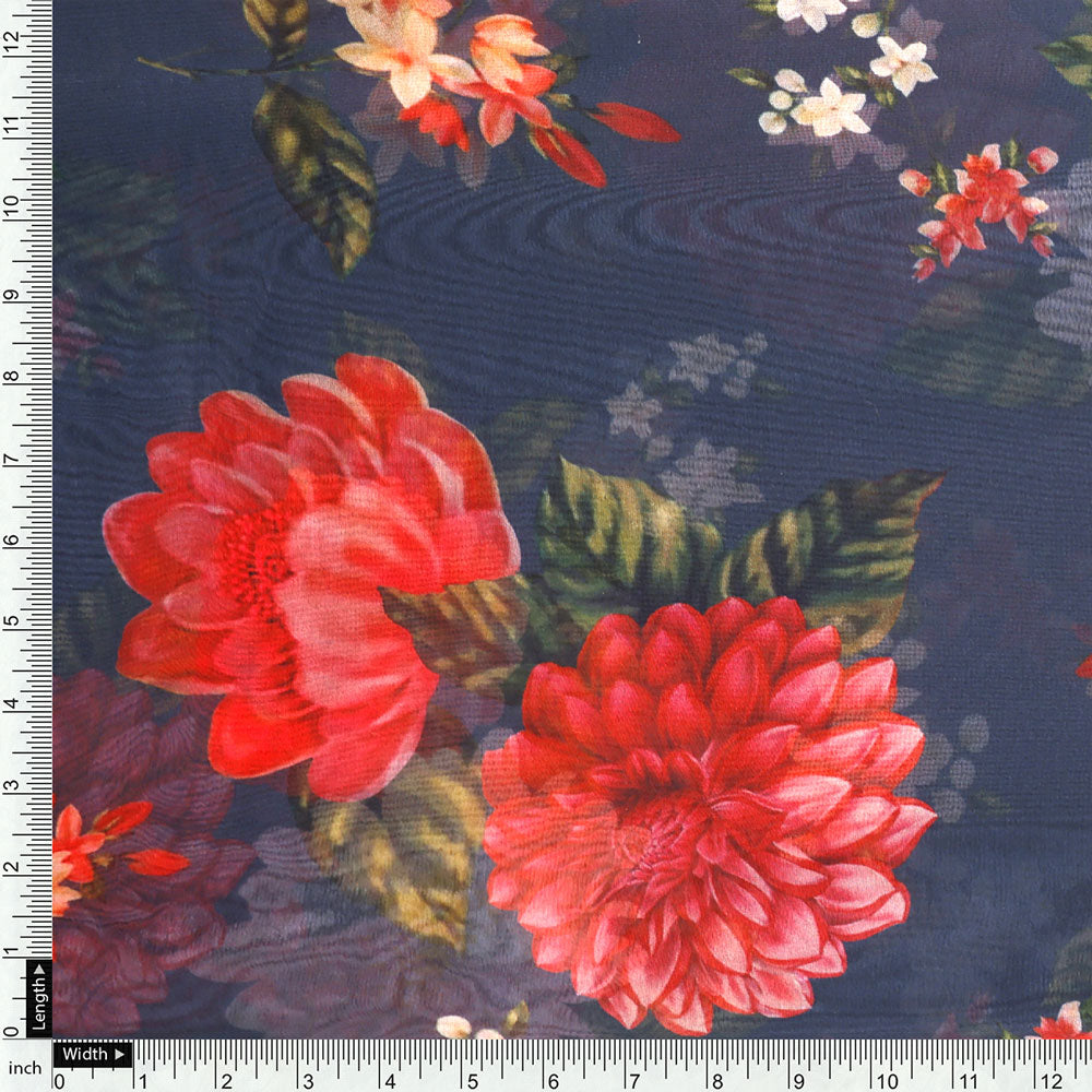 Beautiful Dahlia Red And Gray Flower Digital Printed Fabric - Organza