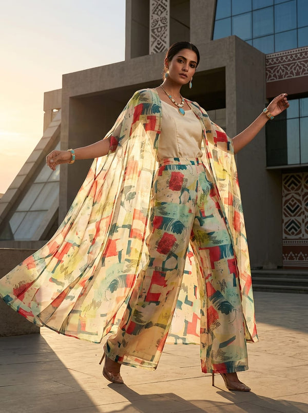 Multicolor Abstract Brushstroke and Chevron Print Organza Digital Printed Fabric - Cape with Palazzo Lookbook - OR-0-TA09987-110 - alternate view