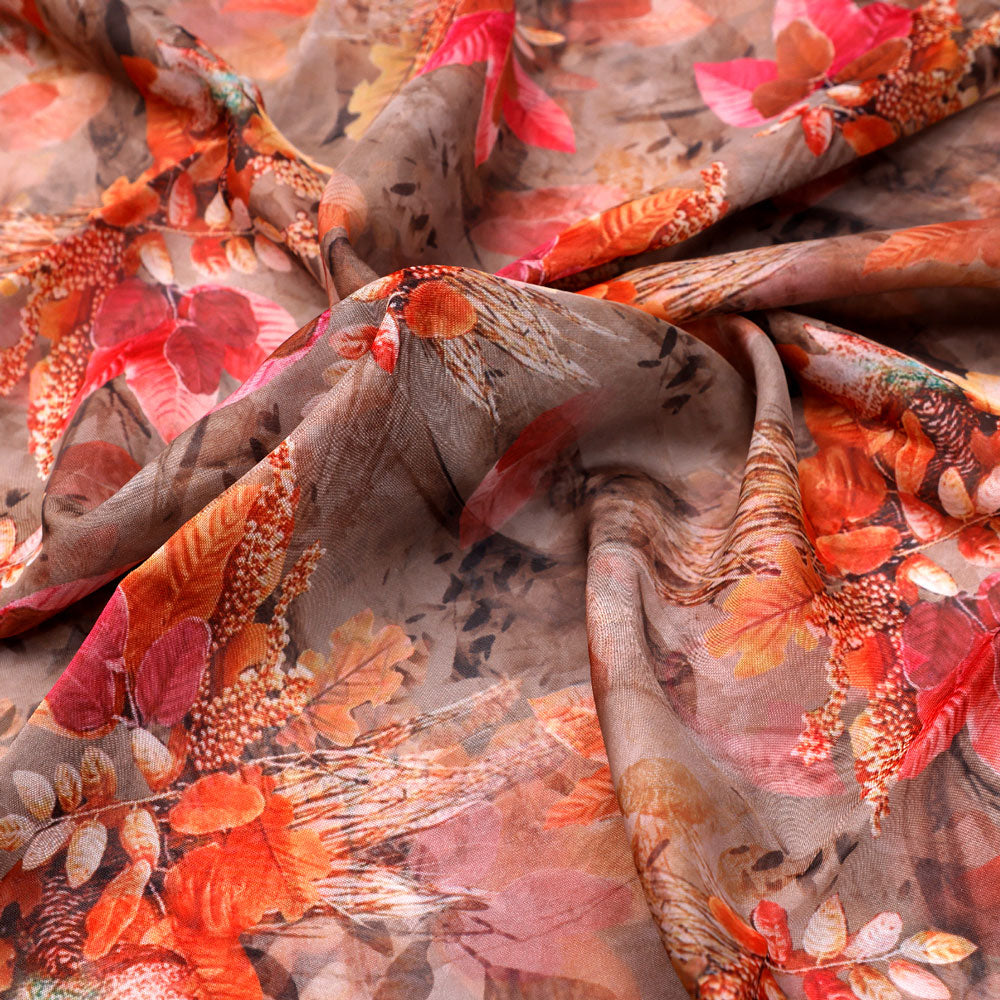 Classy and Attractive Brown Floral Digital Printed Organza Fabric