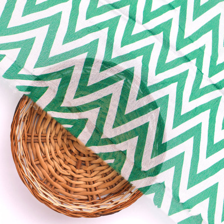Classy Green and White Zigzag Digital Printed Pure Chinon Fabric