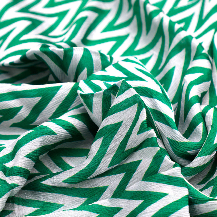 Classy Green and White Zigzag Digital Printed Pure Chinon Fabric