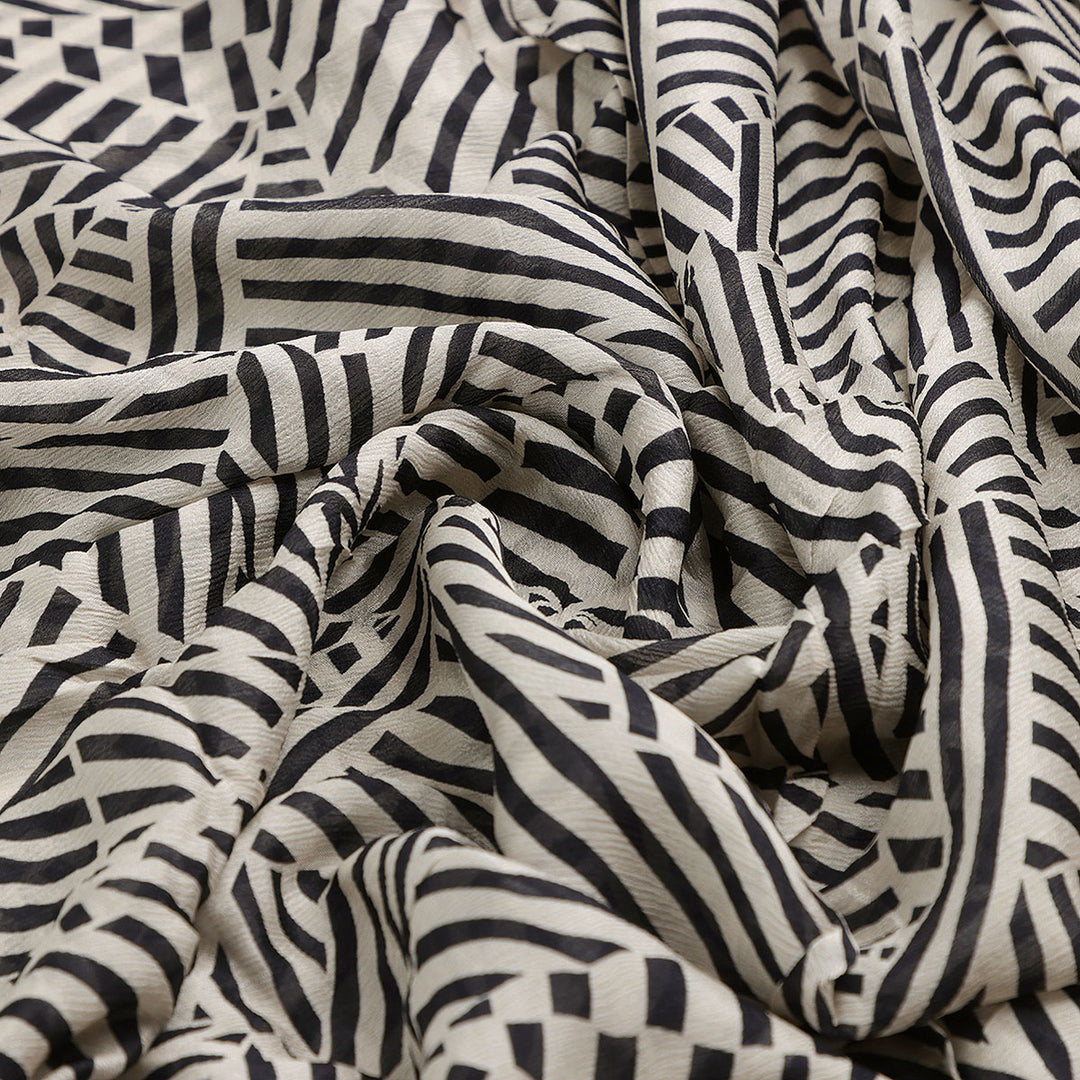 Attractive Black Strips With Bone Colour Digital Printed Fabric - Pure Chinon