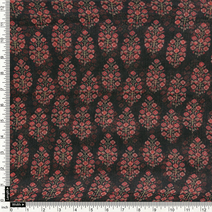Red Floral Laying Over Black Digital Printed Fabric