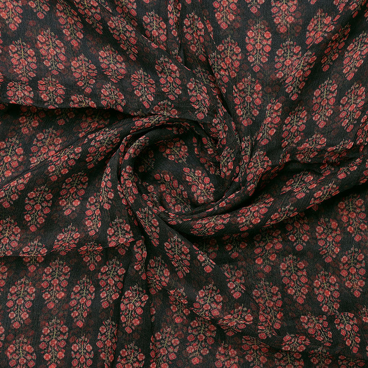 Red Floral Laying Over Black Digital Printed Fabric