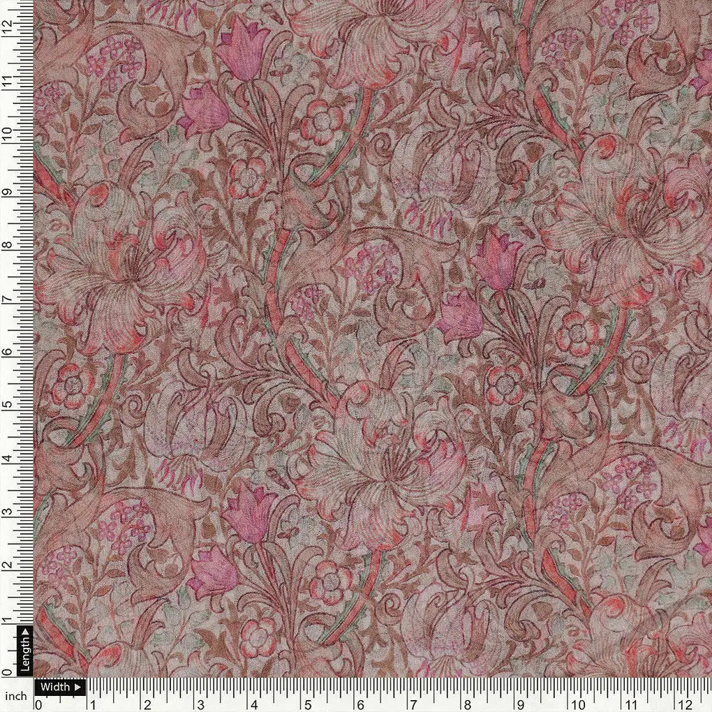Festive Curve Design Pink Doted Flower Digital Printed Fabric - Pure Chiffon – pch 0 ta 06000 96 a