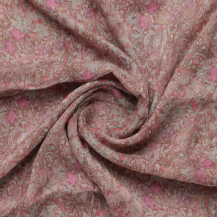 Festive Curve Design Pink Doted Flower Digital Printed Fabric - Pure Chiffon