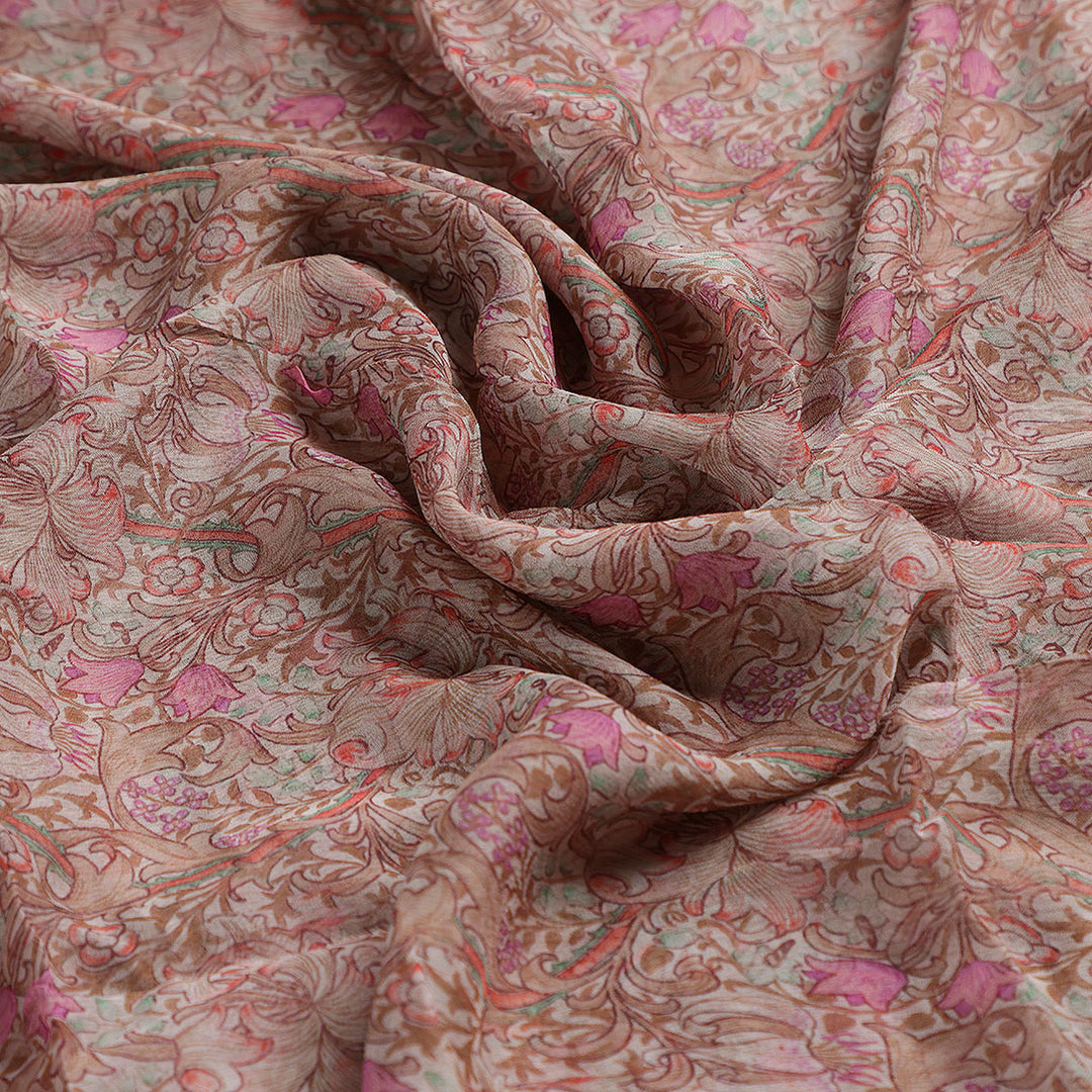 Festive Curve Design Pink Doted Flower Digital Printed Fabric - Pure Chiffon