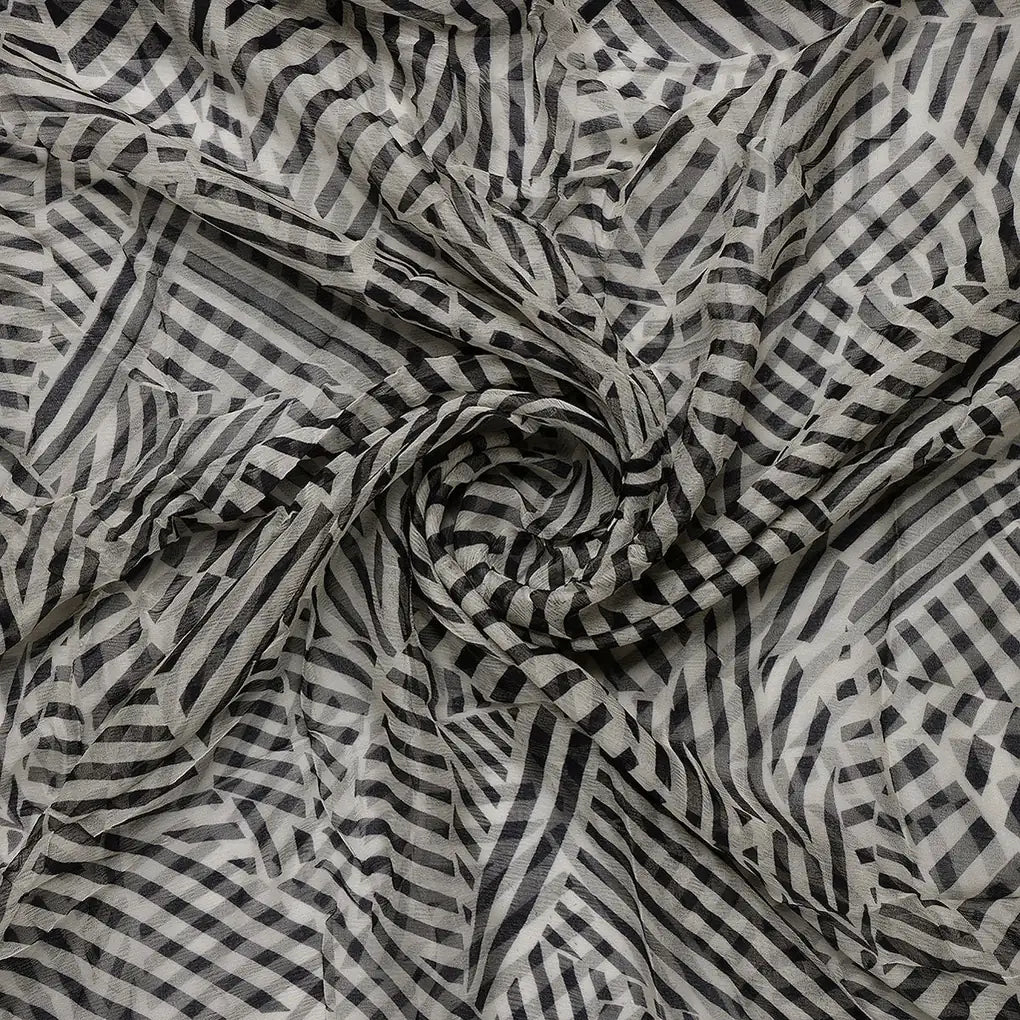 Attractive Black Strips With Bone Colour Digital Printed Fabric - Pure Chiffon – pch 0 ta007896 b