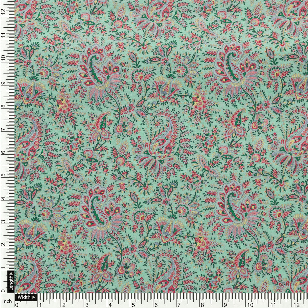 Tiny Western Leaves With Flower Digital Printed Fabric - Pure Cotton
