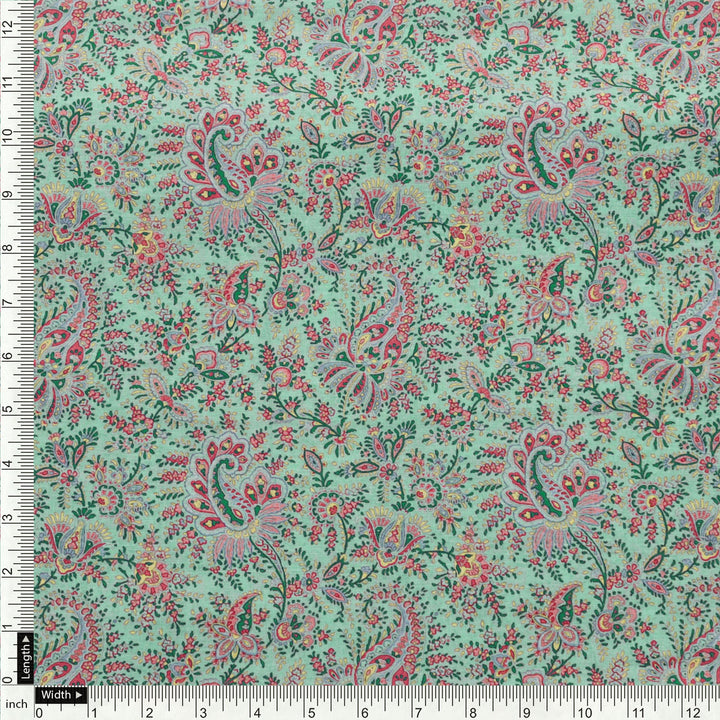 Tiny Western Leaves With Flower Digital Printed Fabric - Pure Cotton