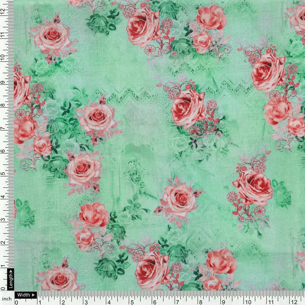 Pink Roses With Pista Background Roses Digital Printed Fabric - Pure Cotton – pco 0 ma08612 108 acopy