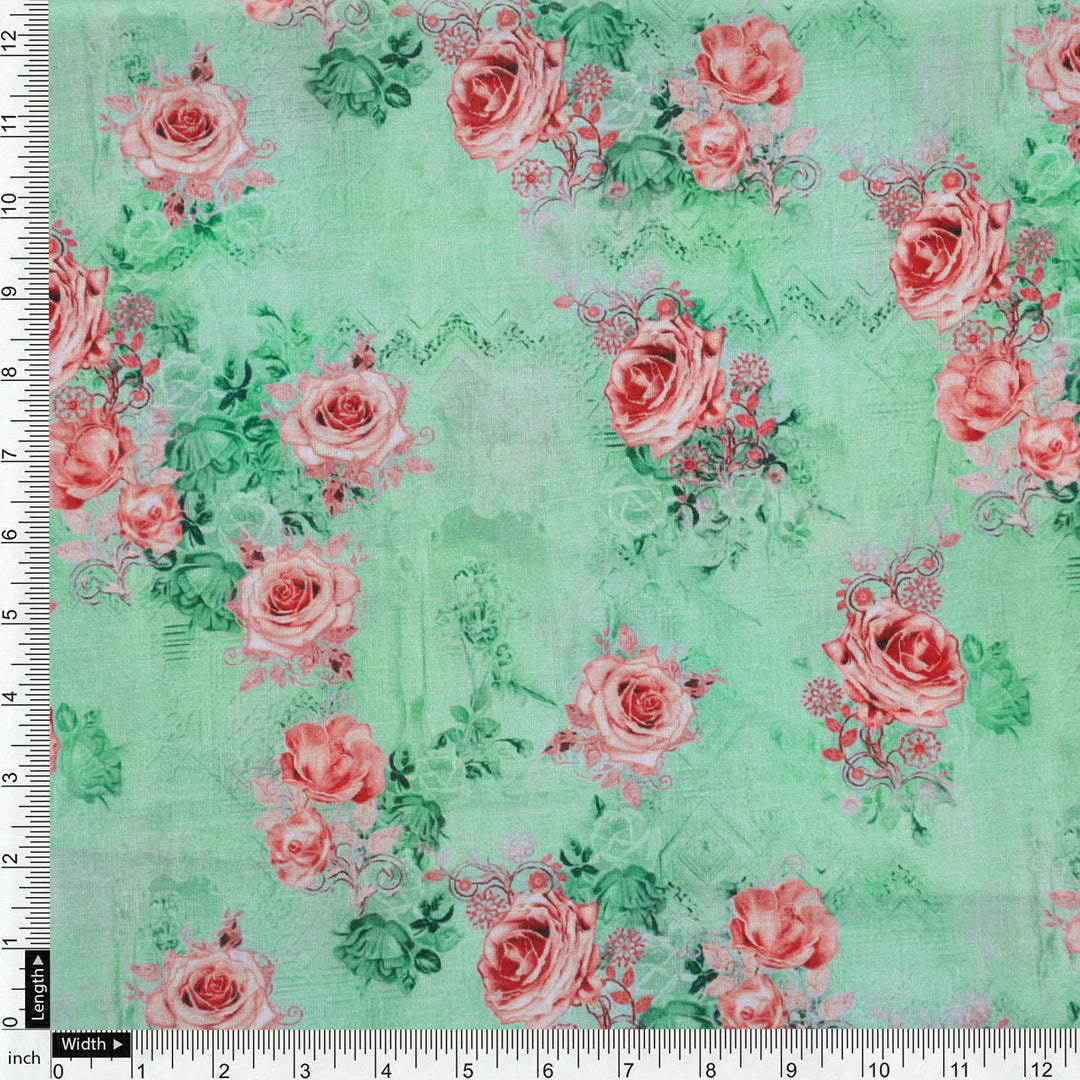 Pink Roses With Pista Background Roses Digital Printed Fabric - Pure Cotton