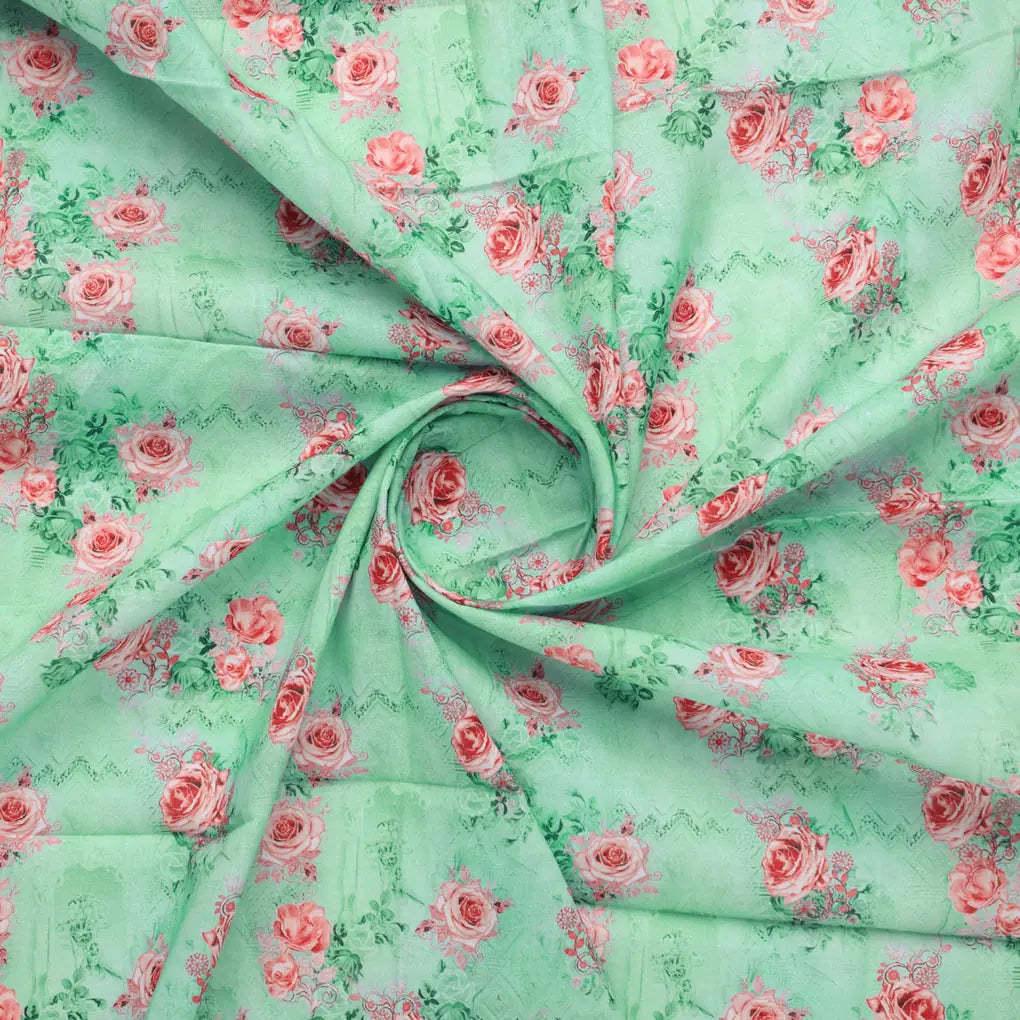 Pink Roses With Pista Background Roses Digital Printed Fabric - Pure Cotton – pco 0 ma08612 108 bcopy