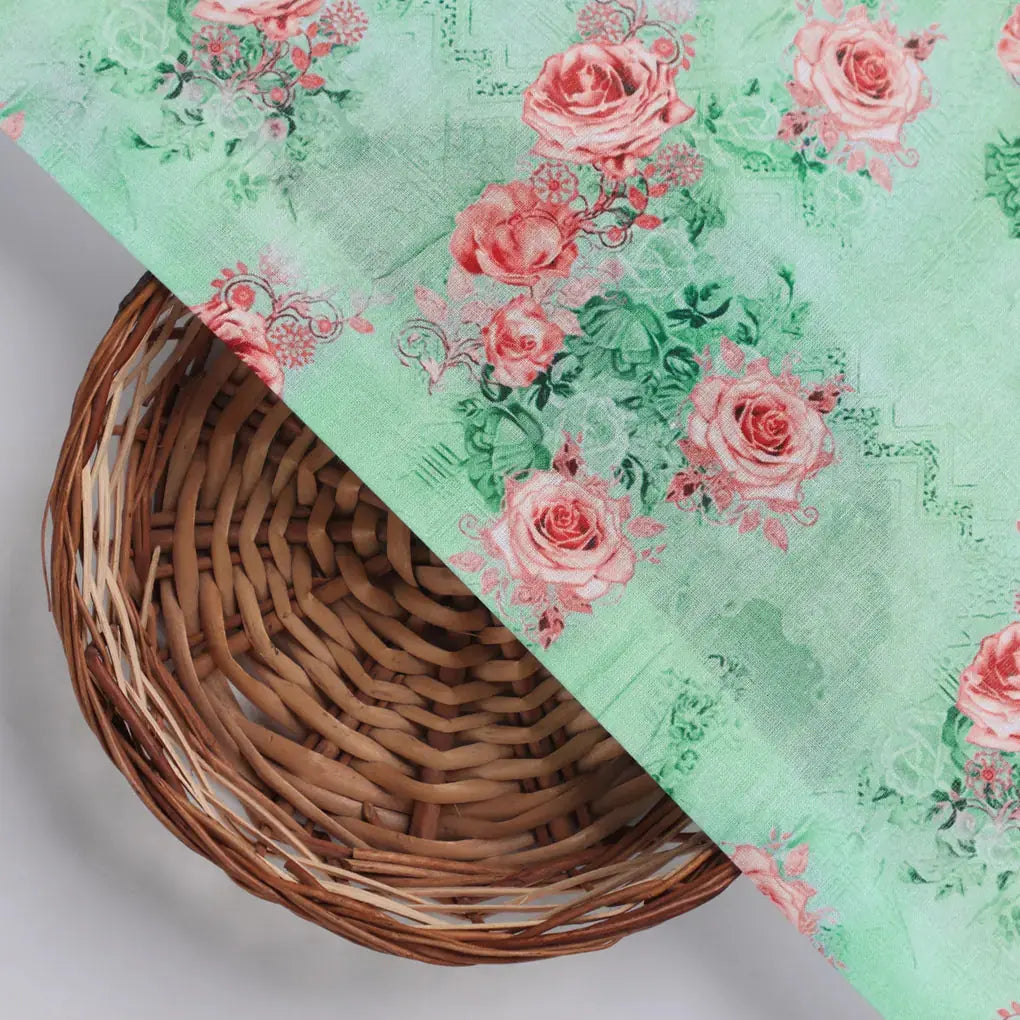 Pink Roses With Pista Background Roses Digital Printed Fabric - Pure Cotton – pco 0 ma08612 108 dcopy
