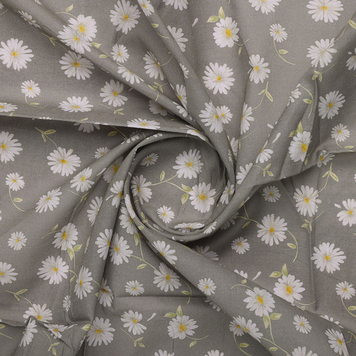 White Aster With Gray Background Digital Printed Fabric - Cotton