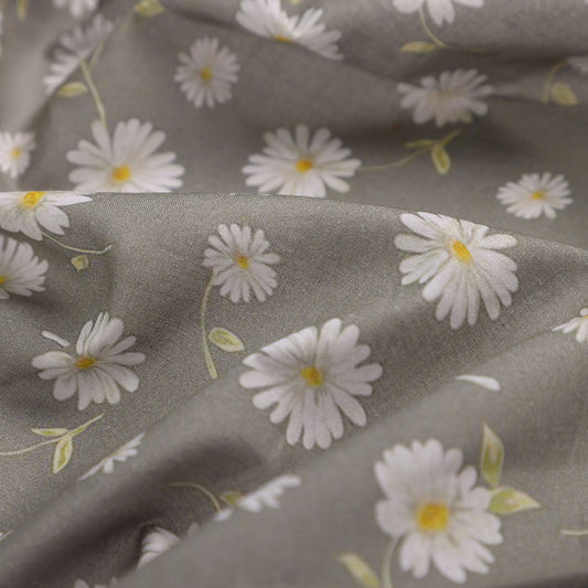 White Aster With Gray Background Digital Printed Fabric - Cotton