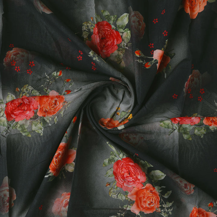 Most Trending Oranges With Red Rose Digital Printed Fabric - Pure Cotton
