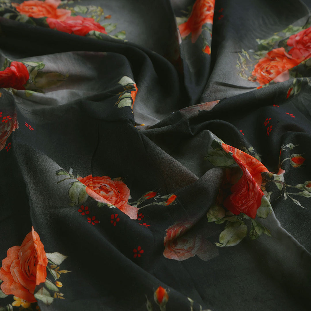 Most Trending Oranges With Red Rose Digital Printed Fabric - Pure Cotton