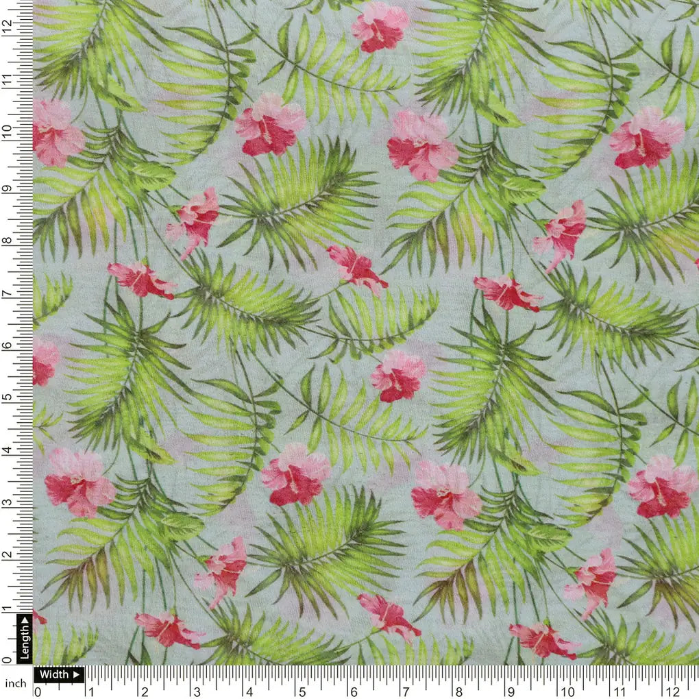Tropical Leaves Pink Hibiscus Flower Digital Printed Fabric - Pure Georgette – pg 0 ta0216 110 a