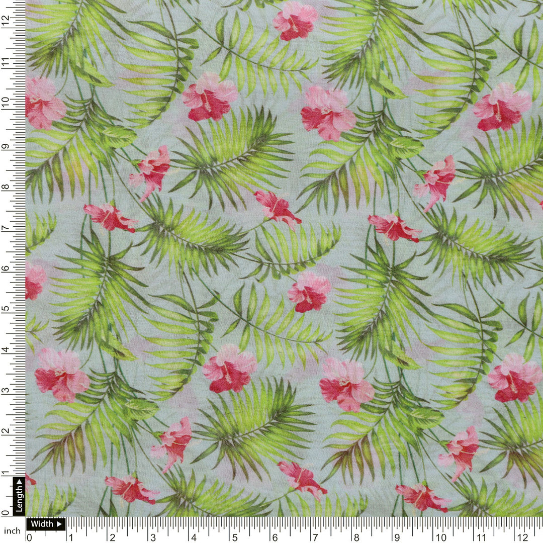 Tropical Leaves Pink Hibiscus Flower Digital Printed Fabric - Pure Georgette