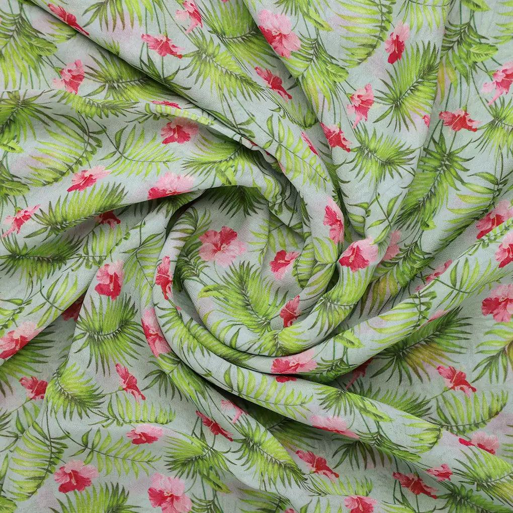 Tropical Leaves Pink Hibiscus Flower Digital Printed Fabric - Pure Georgette – pg 0 ta0216 110 b