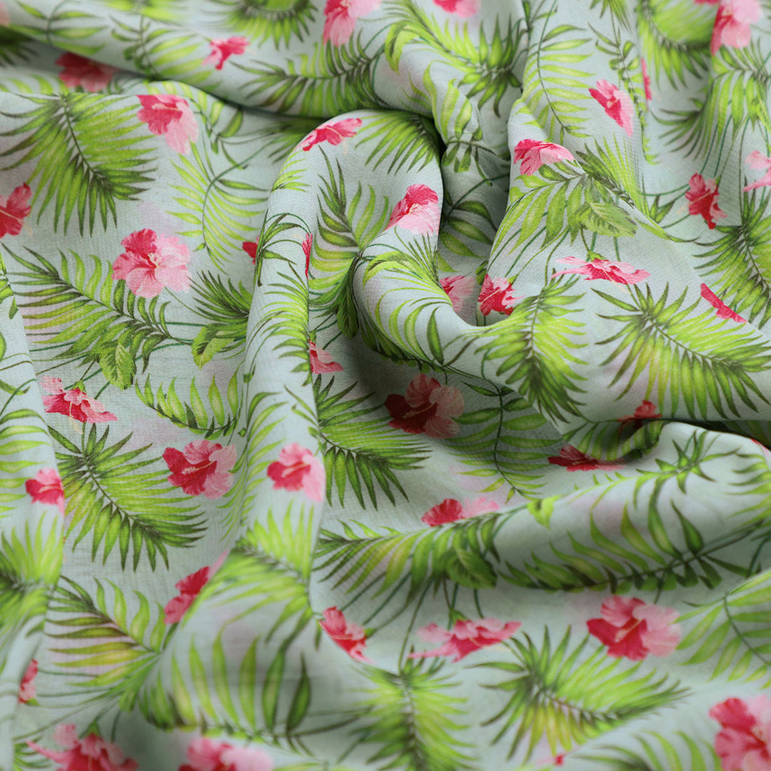 Tropical Leaves Pink Hibiscus Flower Digital Printed Fabric - Pure Georgette