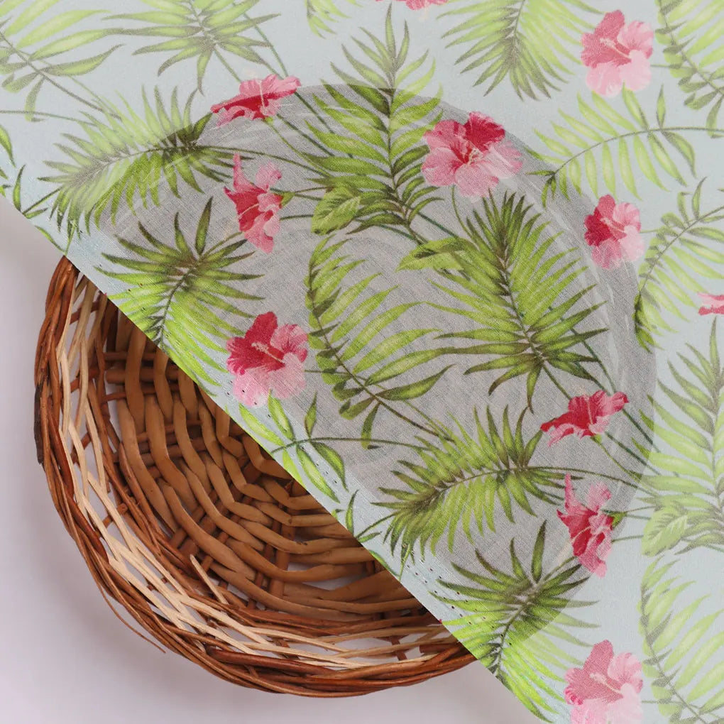 Tropical Leaves Pink Hibiscus Flower Digital Printed Fabric - Pure Georgette – pg 0 ta0216 110 d