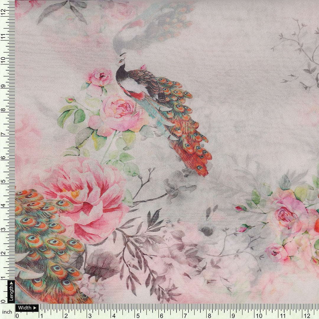 Peacock & Floral Digital Printed Fabric