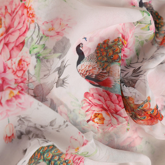 Peacock & Floral Digital Printed Fabric