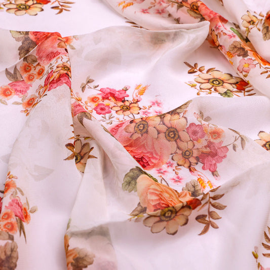 Classic Multicolor Roses With Leaves Digital Printed Fabric - Pure Georgette
