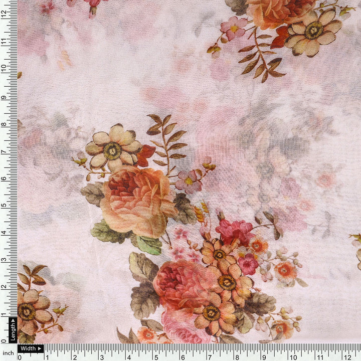 Classic Multicolor Roses With Leaves Digital Printed Fabric - Pure Georgette