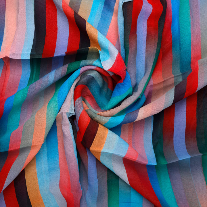 Gorgeous multicolored strips digital printed fabric in pure Georgette