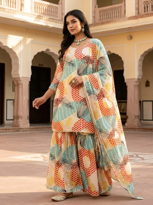 Multicolor Abstract Botanical Polka Dot Chinon Digital Printed Fabric - Sharara Set Lookbook - PLCH-0-PA11048-108 - alternate view