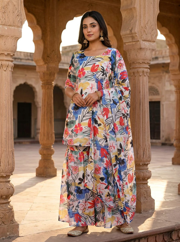 Multicolor Abstract Painterly Floral Chinon Digital Printed Fabric - Sharara Set Lookbook - PLCH-0-PA11050-108 - alternate view