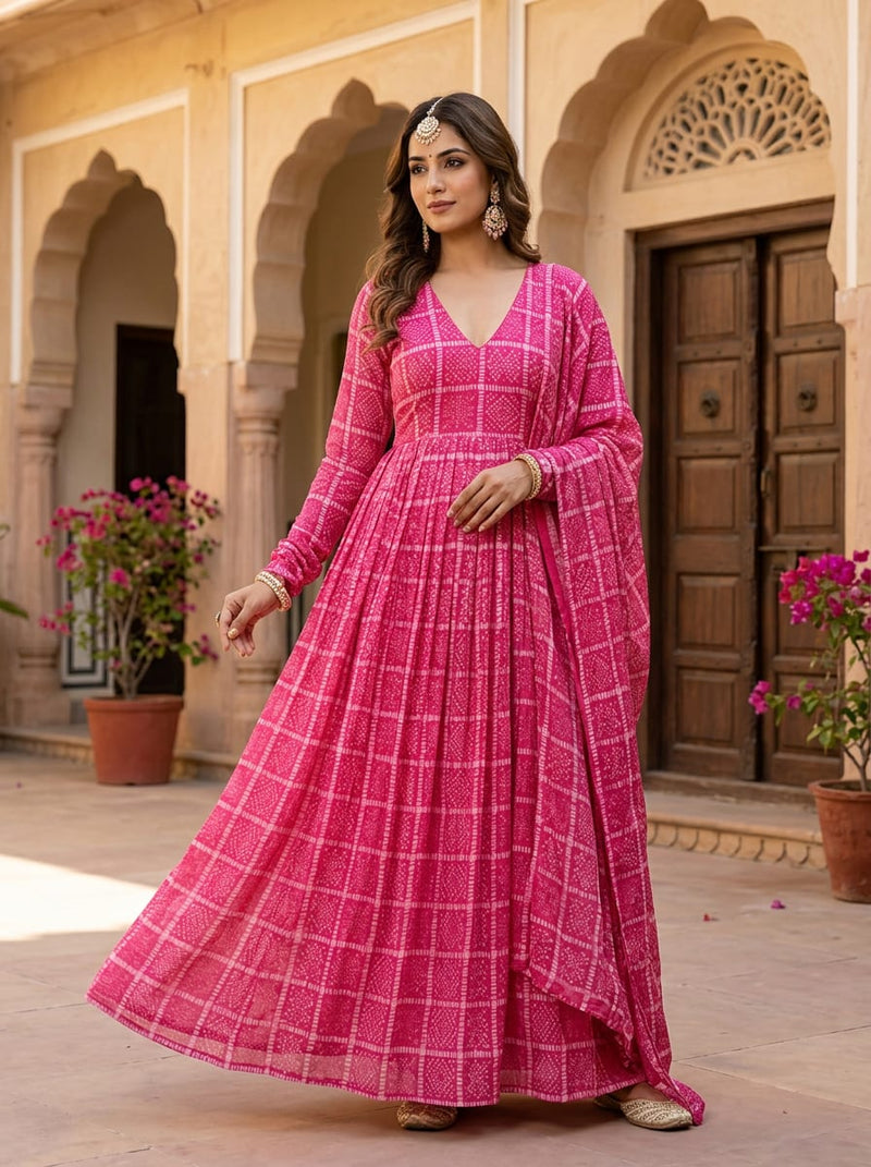 Pink Ethnic Bandhani Checkered Chinon Digital Printed Fabric