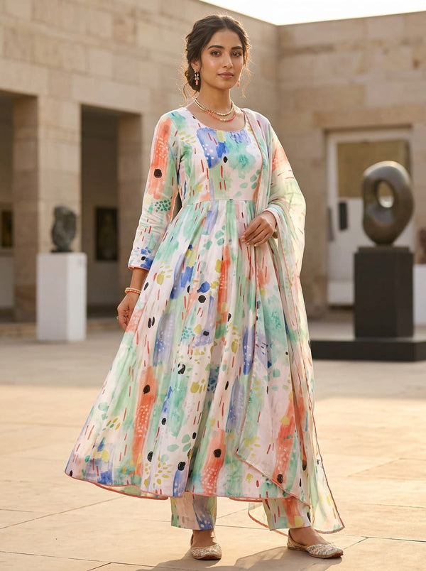 Multicolor Abstract Watercolour Brush Strokes Chinon Digital Printed Fabric - Anarkali Kurta Set Lookbook - PLCH-0-PA11053-108 - alternate view