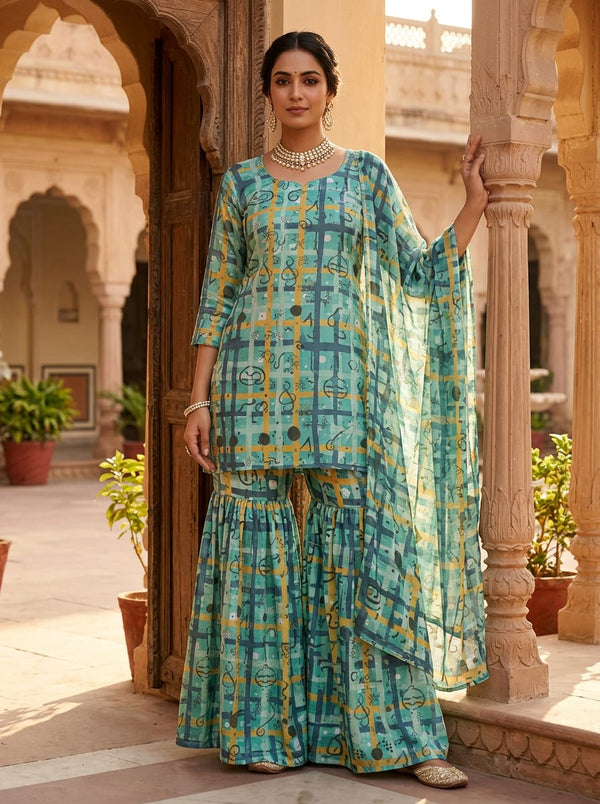Multicolor Abstract Checkered Doodle Print Chinon Digital Printed Fabric - Sharara Set Lookbook - PLCH-0-PA11054-108 - alternate view