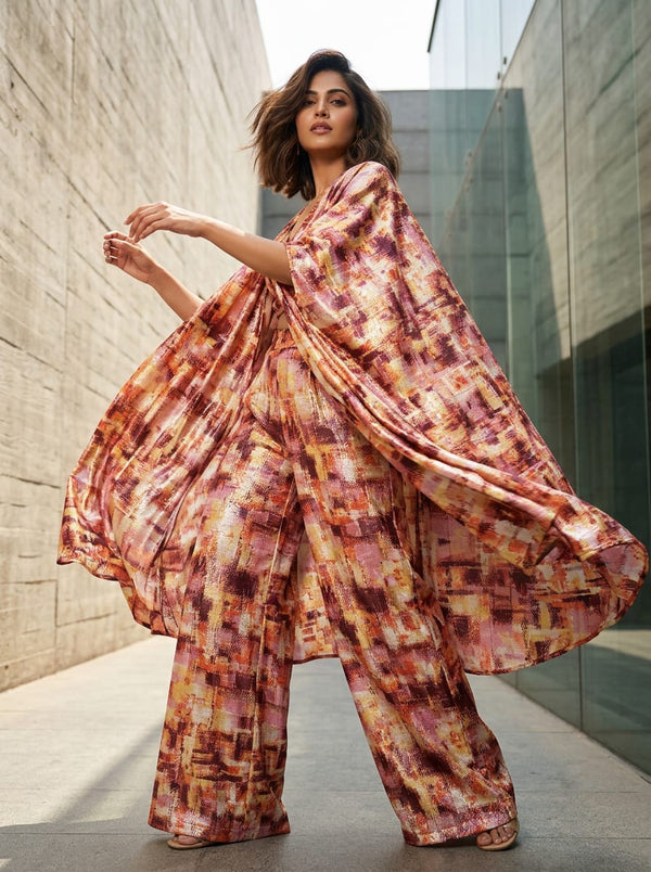 Multicolor Abstract Checkered Pattern Chinon Digital Printed Fabric - Cape with Palazzo Lookbook - PLCH-0-PA6045-108 - alternate view